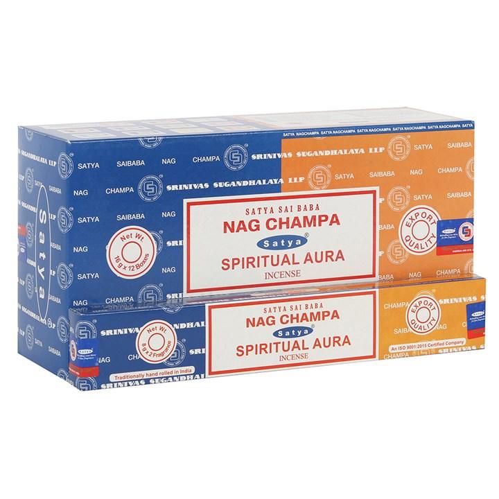 12 Pack of Combo Satya Incense - Nag Champa and Spiritual Aura - DuvetDay.co.uk