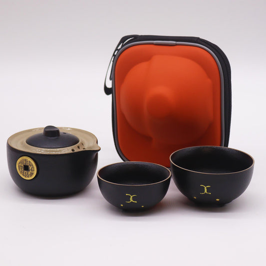 Money Cat Teapot Set - Two Cups - Travel Pack - Black