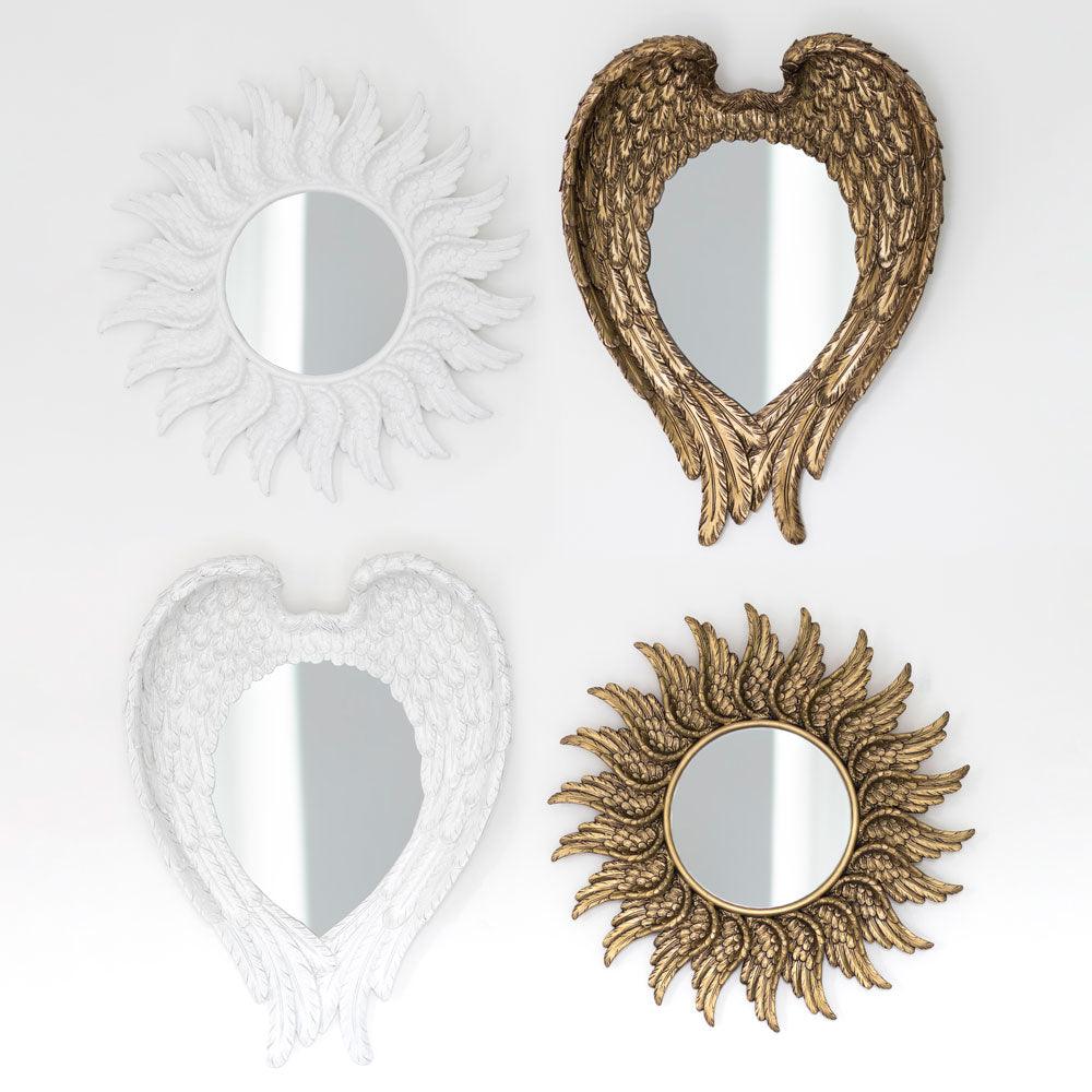 47cm Round White Glitter Angel Wing Mirror - DuvetDay.co.uk