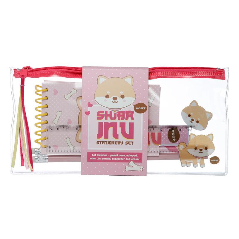 7 Piece Clear Pencil Case Stationery Set - Adoramals Shiba Inu Dog - DuvetDay.co.uk