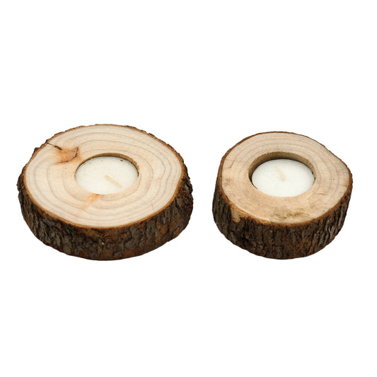 Set of Two Wooden Tealight Holders with Bark Detail