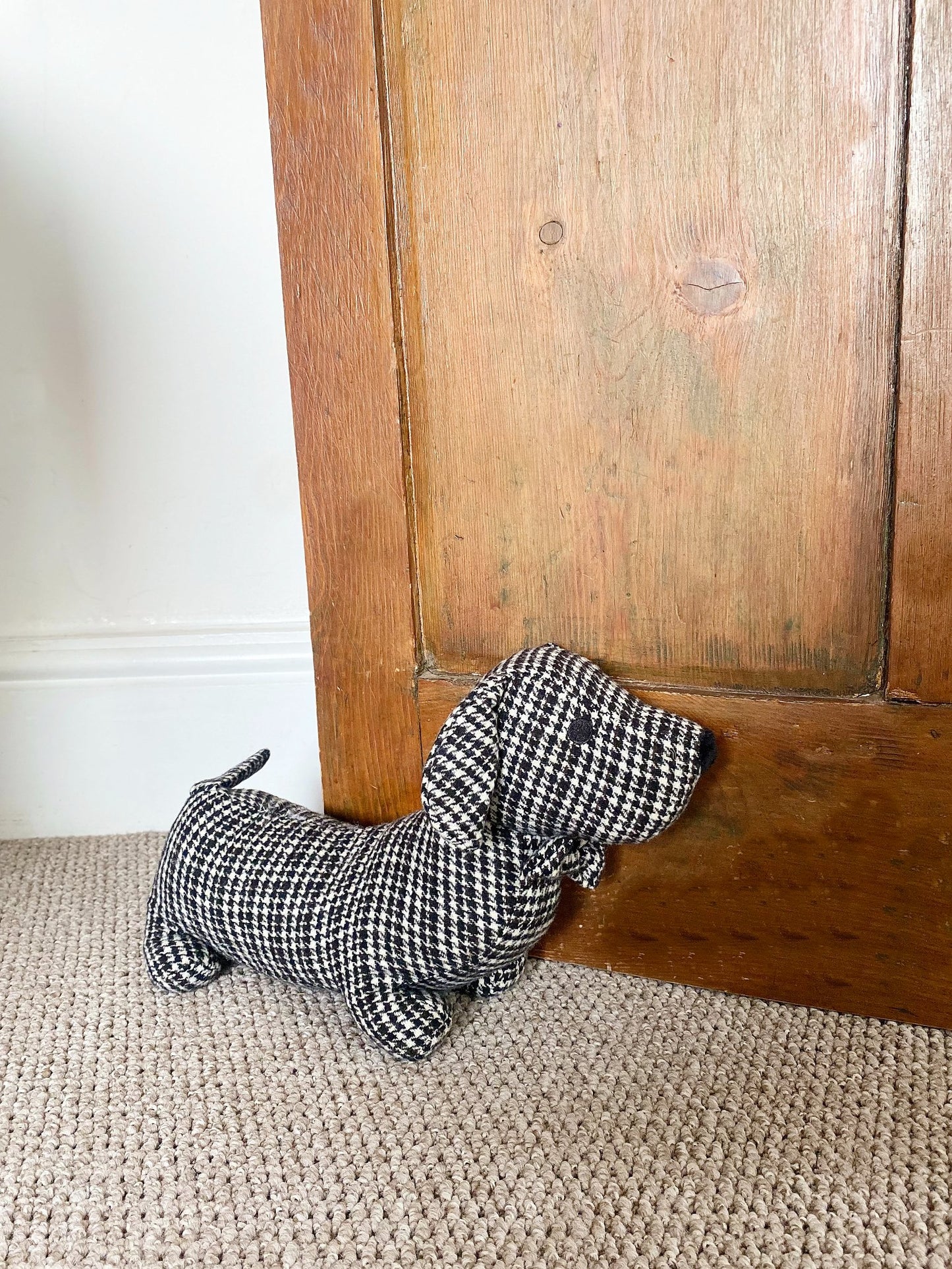 Grey Herringbone Fabric Sausage Dog Doorstop