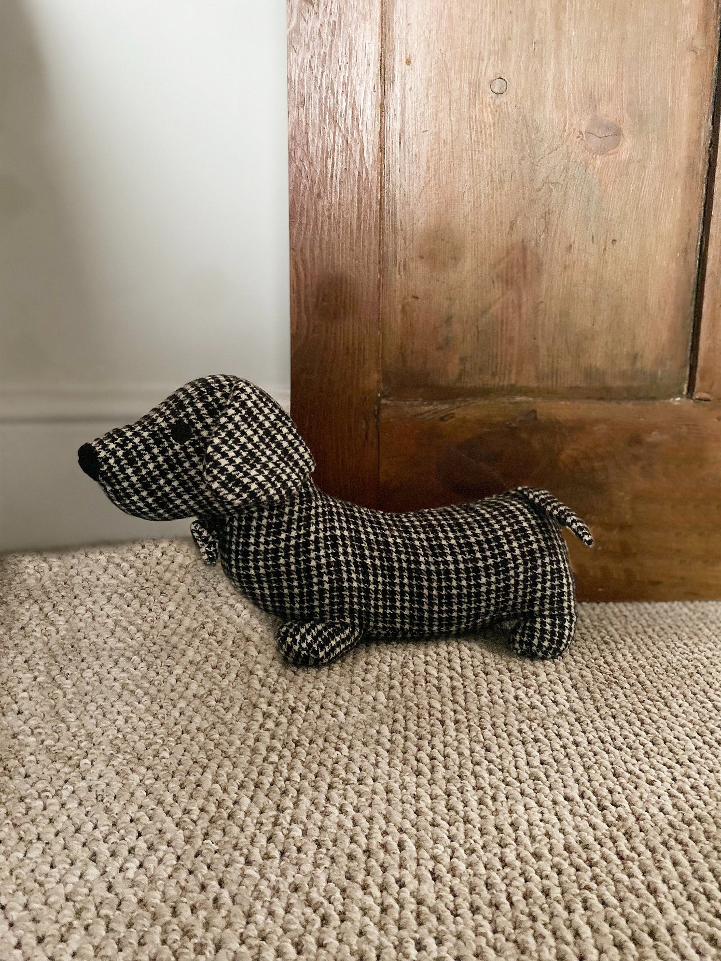 Grey Herringbone Fabric Sausage Dog Doorstop