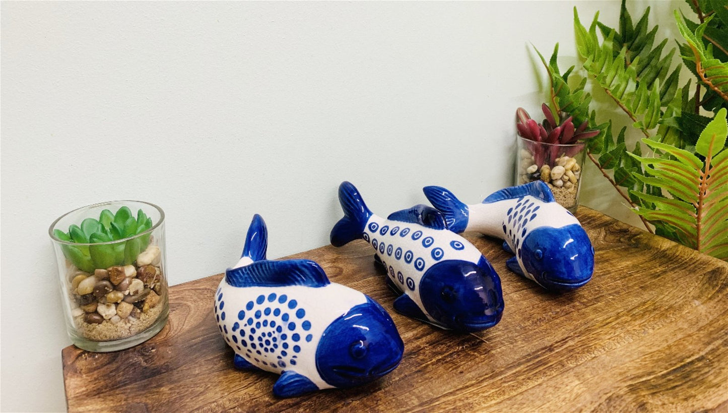 Set of 3 Blue Koi Fish Ceramic Ornaments Willow Design