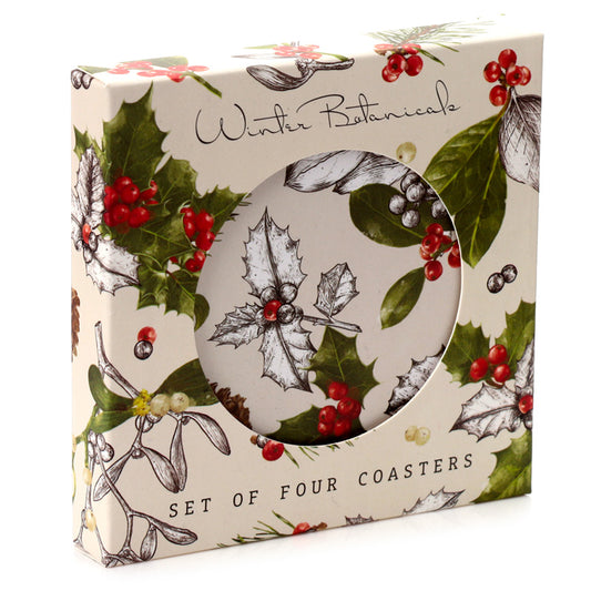 Set of 4 Cork Novelty Coasters - Christmas Winter Botanicals