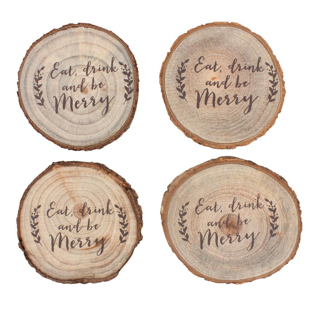 Be Merry Printed Log Set of 4 Coasters - DuvetDay.co.uk