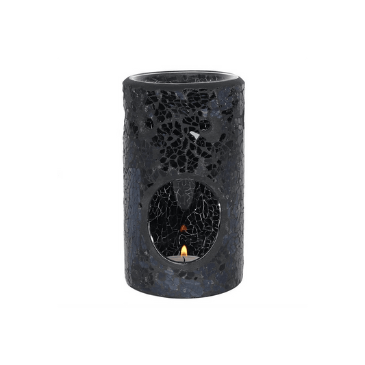 Black Crackle Glass Pillar Oil Burner - DuvetDay.co.uk