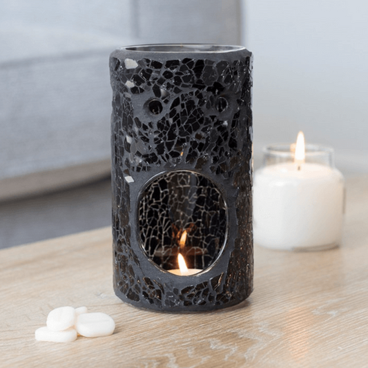 Black Crackle Glass Pillar Oil Burner - DuvetDay.co.uk