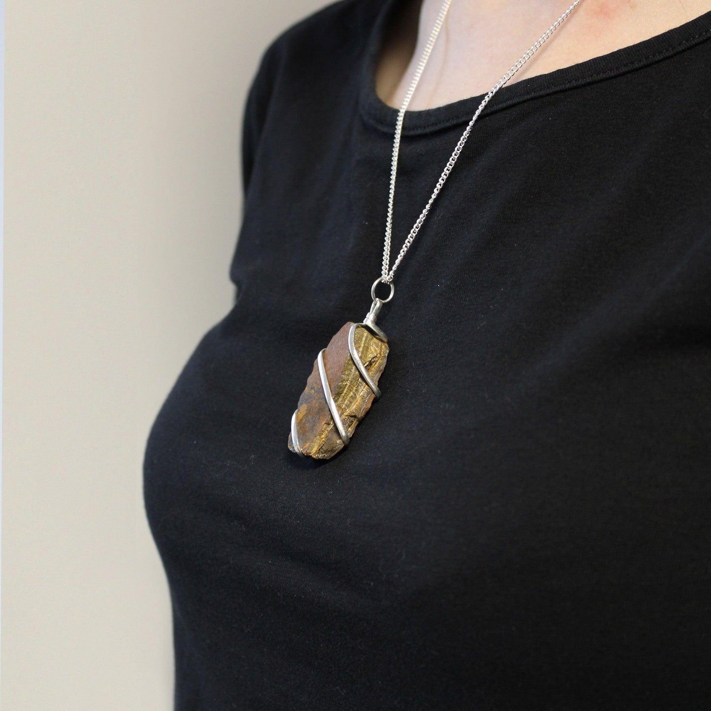 Cascade Wrapped Gemstone Necklace - Rough Tiger Eye - DuvetDay.co.uk