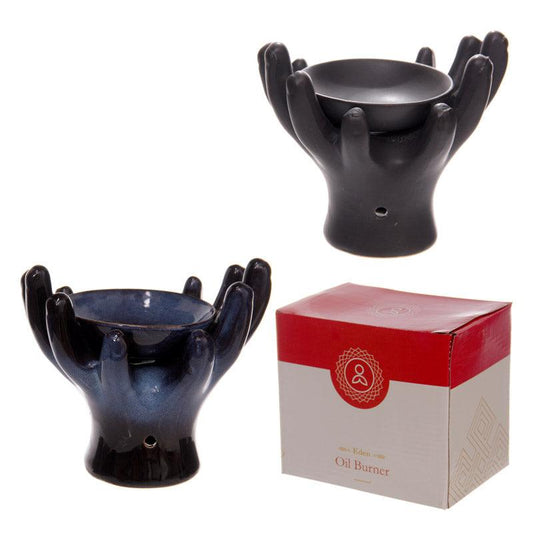 Ceramic Hands Design Dark Glazed Oil Burner - DuvetDay.co.uk