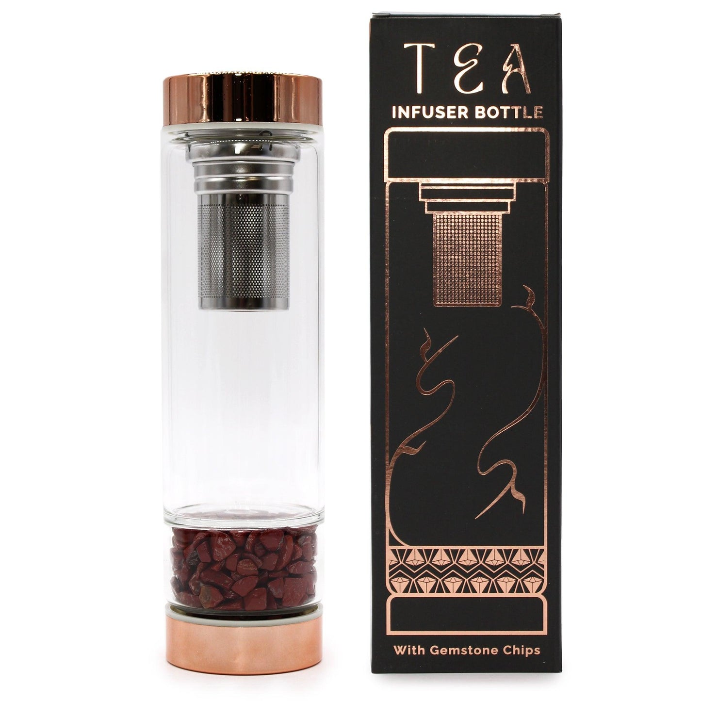 Crystal Glass Tea Infuser Bottle - Rose Gold - Red Jasper - DuvetDay.co.uk