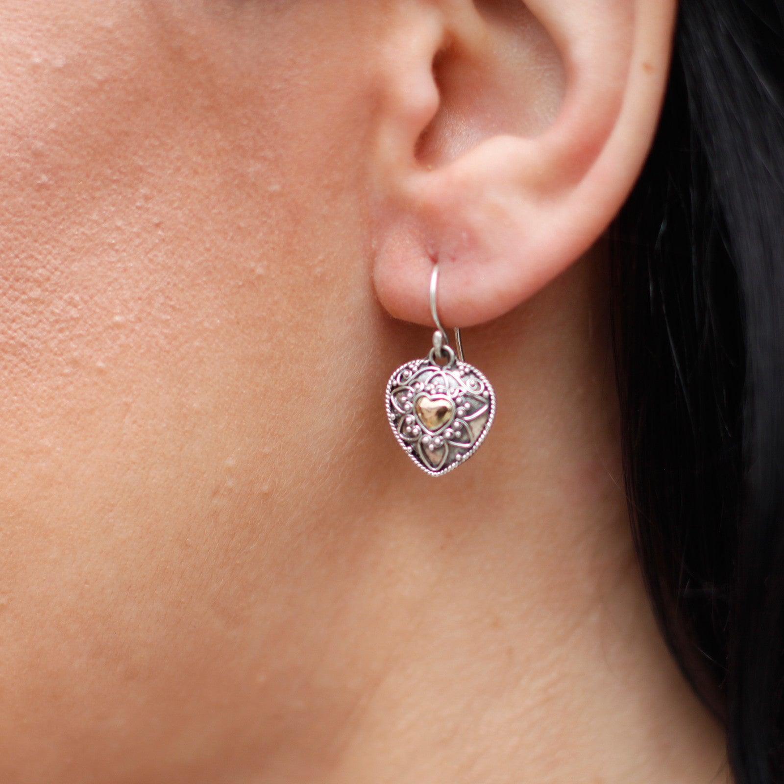 Handmade Bali Jewellery Silver & Gold Earring - Mandala Hearts - DuvetDay.co.uk