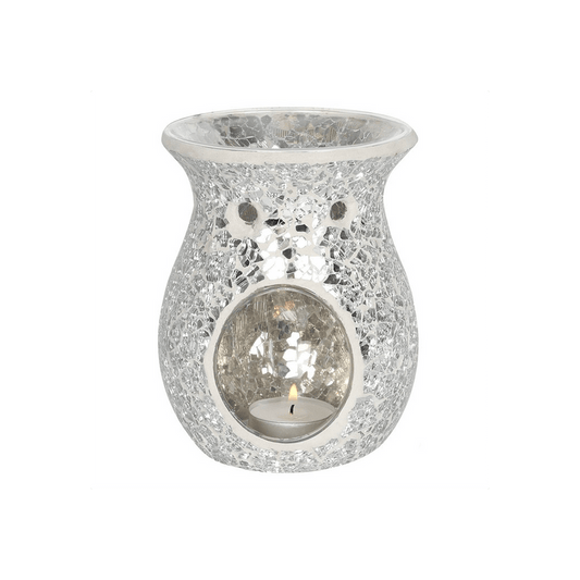 Large Silver Crackle Oil Burner - DuvetDay.co.uk