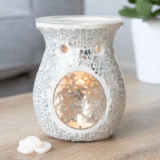 Large Silver Crackle Oil Burner - DuvetDay.co.uk