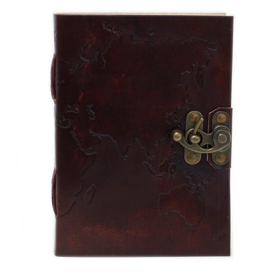 Leather World Map & Stitching Notebook (7x5") - DuvetDay.co.uk