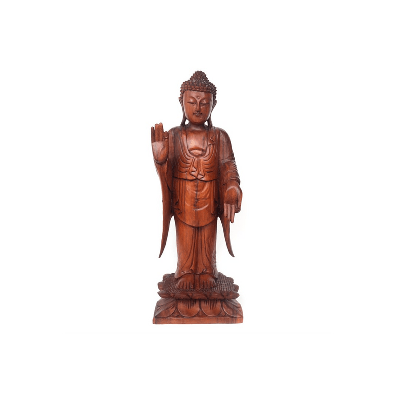 Natural Acacia Wood Standing Buddha - DuvetDay.co.uk