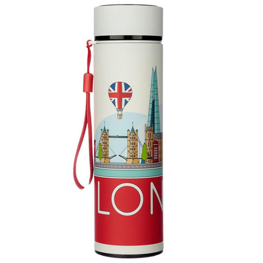 Reusable Stainless Steel Hot & Cold Insulated Drinks Bottle Digital Thermometer - London Icons - DuvetDay.co.uk