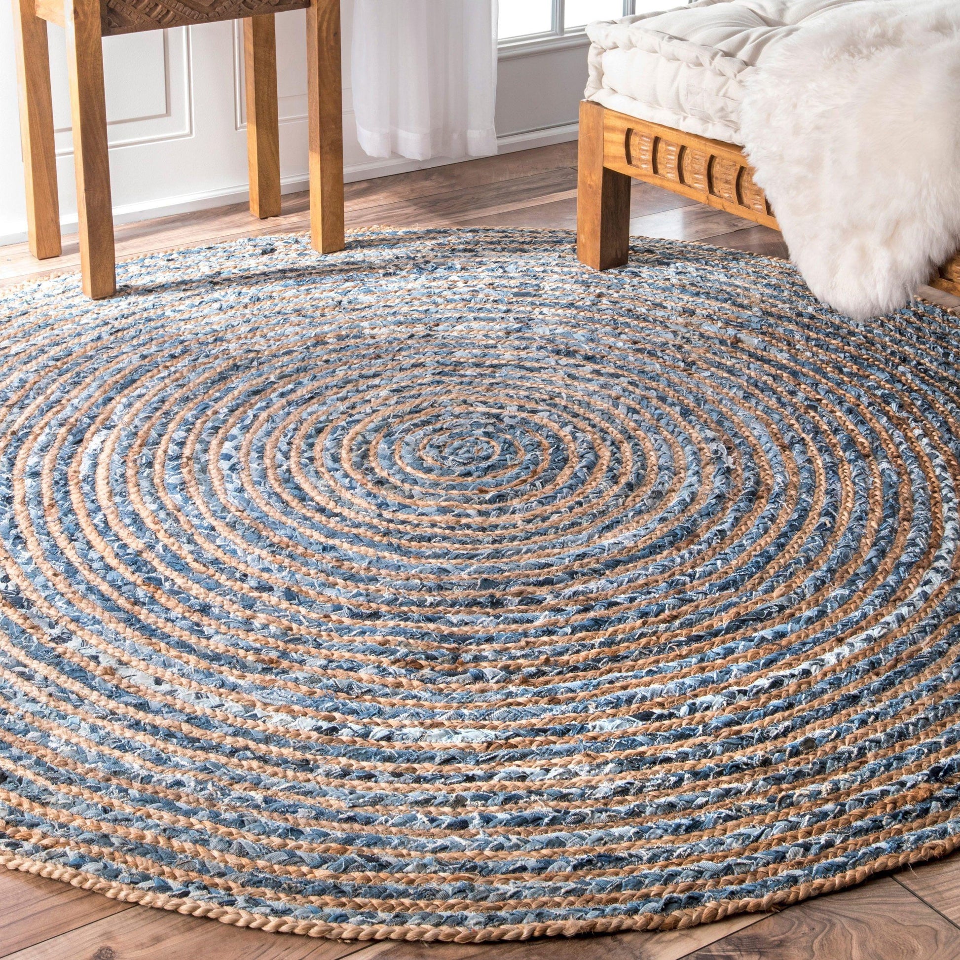 Round Jute and Recycled Denim Rug - 150 cm - DuvetDay.co.uk