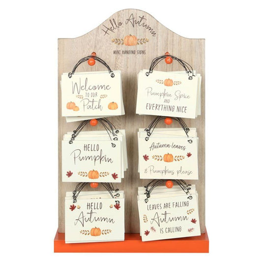 Set of 30 Hello Autumn Mini Hanging Signs on a Display - DuvetDay.co.uk