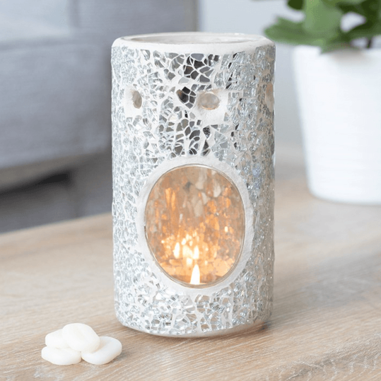 Silver Pillar Crackle Glass Oil Burner - DuvetDay.co.uk