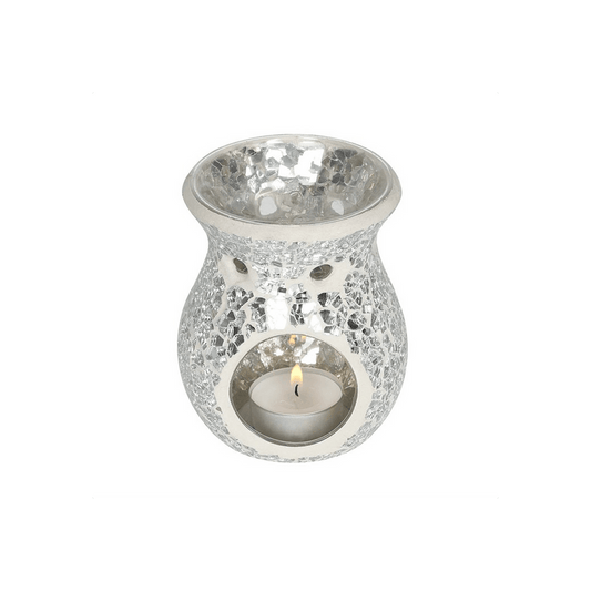 Small Silver Crackle Glass Oil Burner - DuvetDay.co.uk