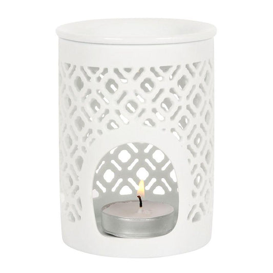 White Matte Lattice Cut Oil Burner - DuvetDay.co.uk