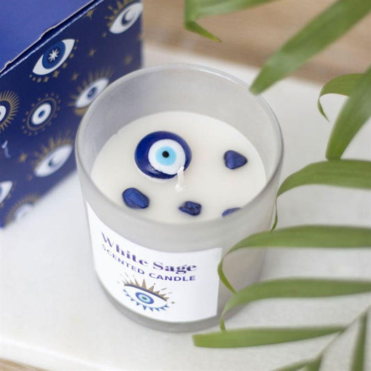 All Seeing Eye White Sage Crystal Chip Protection Candle - DuvetDay.co.uk