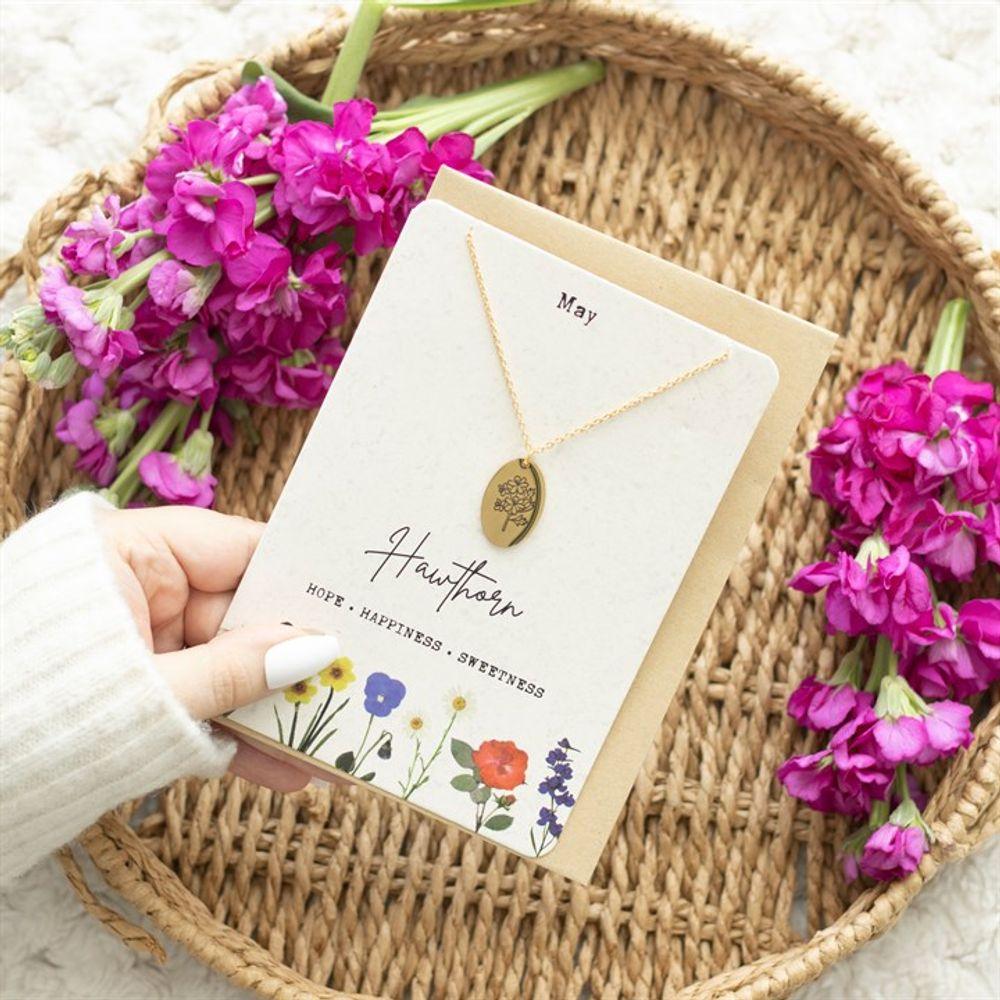 May Hawthorn Birth Flower Necklace Card - DuvetDay.co.uk